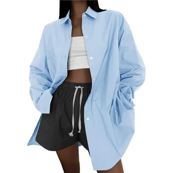 WOMEN'S Shirt Long Sleeve Blouse Loose Fit V Neck, Sky Blue